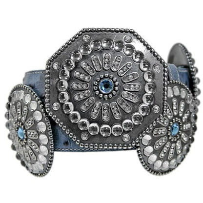 Brighton blue leather belt with large silver-tone medallion conchos, crystal accents, and blue center stones on a white background