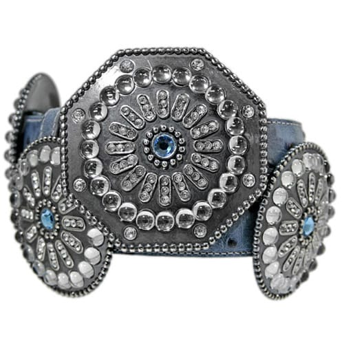 Brighton blue leather belt with large ornate silver-tone medallion conchos featuring crystal accents on a white background