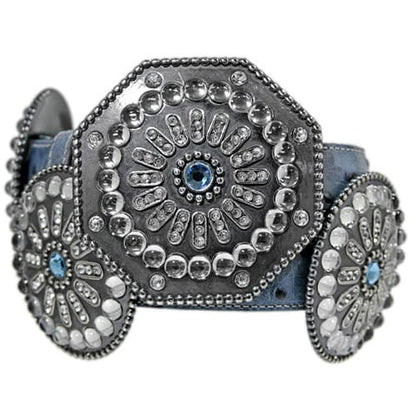 Brighton blue leather belt with large ornate silver-tone medallion conchos featuring crystal accents on a white background