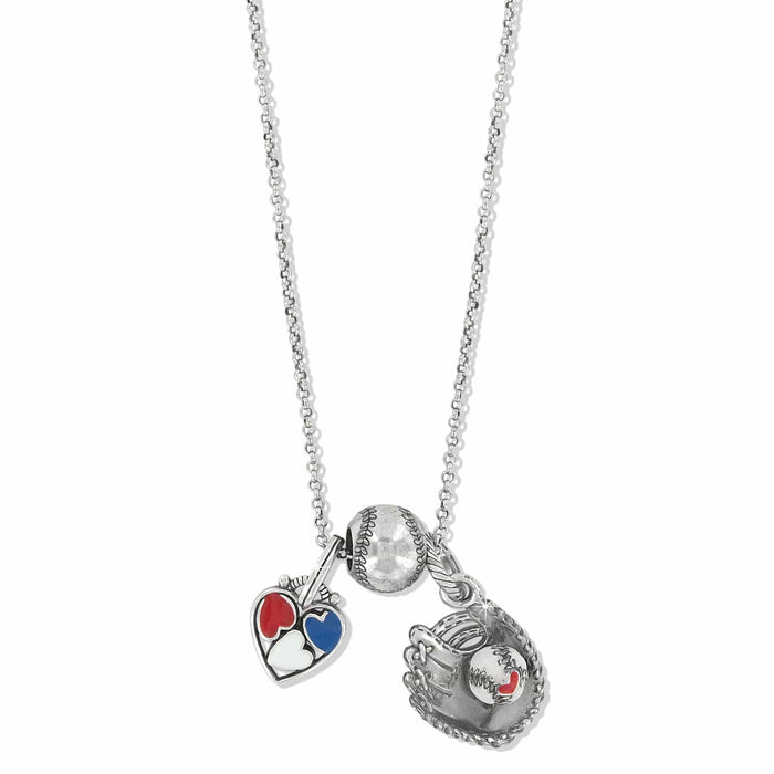 Brighton charm necklace with silver-plated baseball, glove, and enamel heart charms in red, white, and blue on a white background