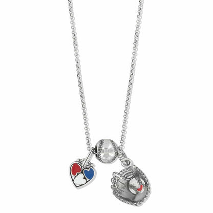 Brighton charm necklace with silver-plated baseball, glove, and enamel heart charms in red, white, and blue on a white background