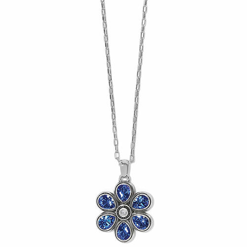 Brighton pendant necklace with blue crystal flower and silver-plated chain on a white background