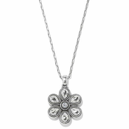Brighton pendant necklace with silver-plated hammered flower design and crystal center on a white background
