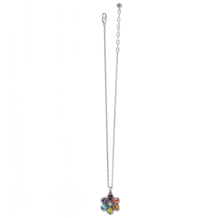 Brighton pendant necklace with silver-plated chain and multicolored crystal flower charm on a white background
