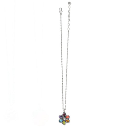 Brighton pendant necklace with silver-plated chain and multicolored crystal flower charm on a white background