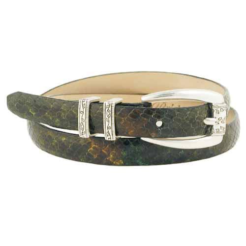 Brighton leather belt with green and brown snakeskin texture and silver-tone buckle on a white background