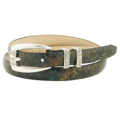 Brighton leather belt with green and brown snakeskin pattern, silver-tone buckle, and engraved keepers on a white background