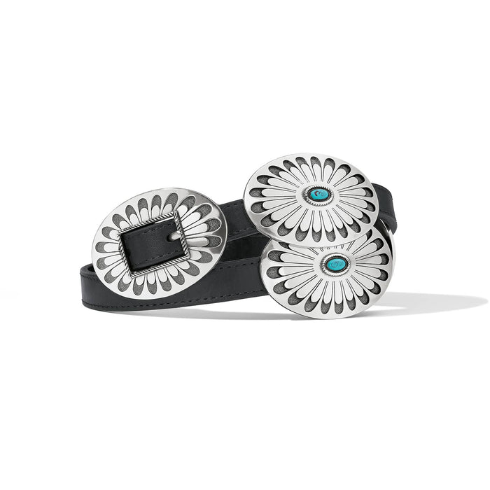 Brighton black leather belt with oval silver-tone concho medallions and turquoise stone accents on a white background