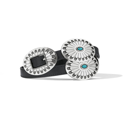 Brighton black leather belt with oval silver-tone concho medallions and turquoise stone accents on a white background