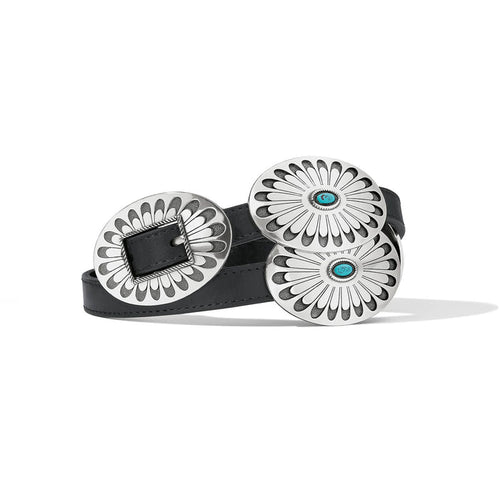 Brighton black leather belt with oval silver-tone concho medallions and turquoise stone accents on a white background