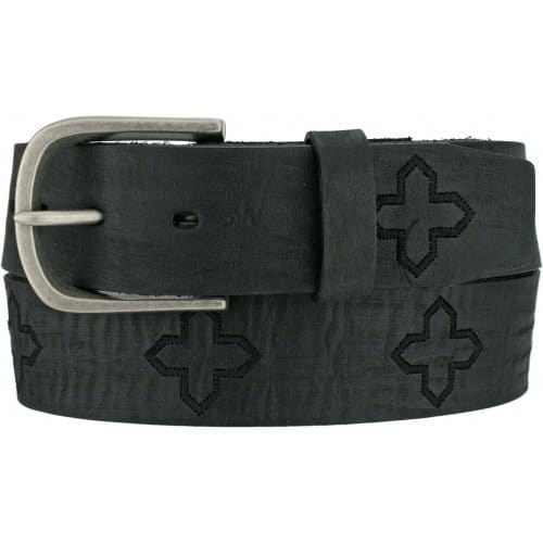Brighton black leather belt with embroidered cross motifs and silver-tone buckle on a white background