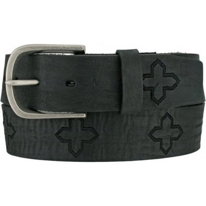 Brighton black leather belt with embroidered cross motifs and silver-tone buckle on a white background
