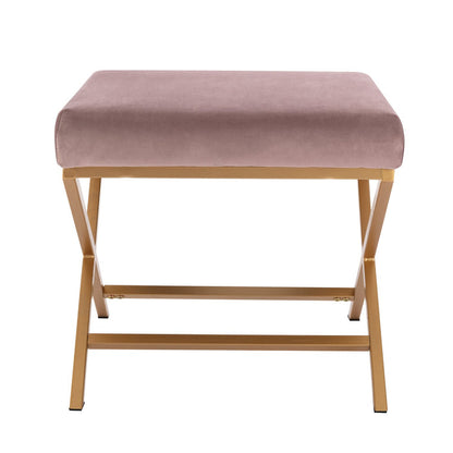 Blush Pink & Gold Velvet Ottoman – Chic X-Base Stool for Living Room & Bedroom Decor