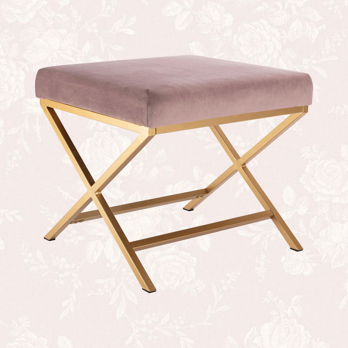 Blush Pink & Gold Velvet Ottoman – Chic X-Base Stool for Living Room & Bedroom Decor