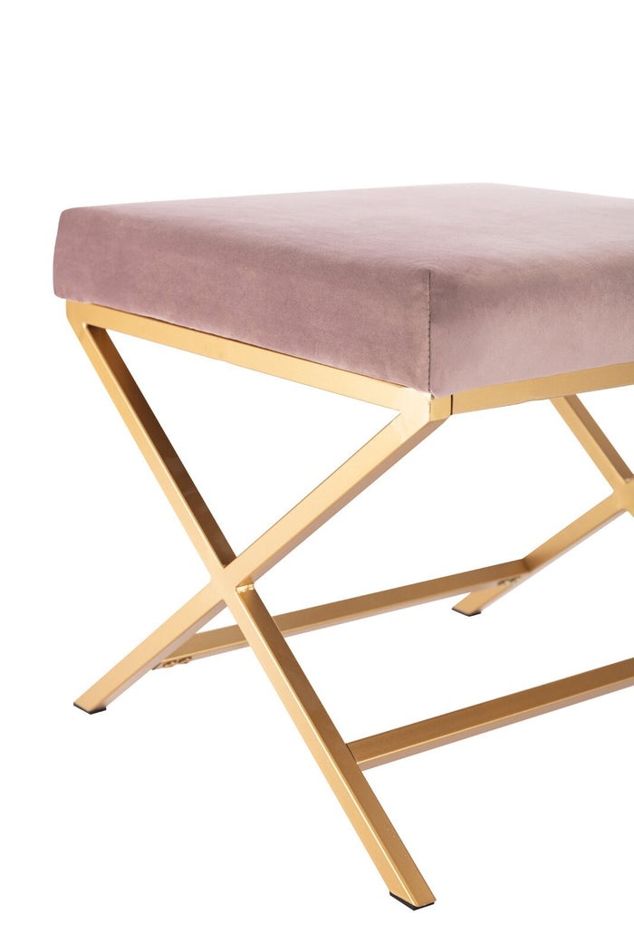 Blush Pink & Gold Velvet Ottoman – Chic X-Base Stool for Living Room & Bedroom Decor