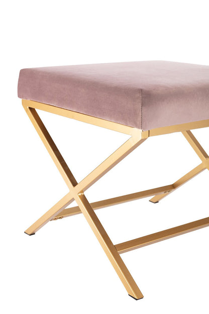 Blush Pink & Gold Velvet Ottoman – Chic X-Base Stool for Living Room & Bedroom Decor