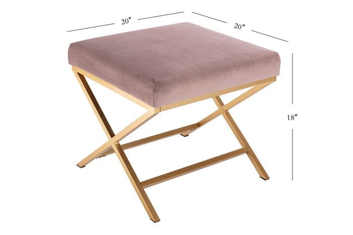 Blush Pink & Gold Velvet Ottoman – Chic X-Base Stool for Living Room & Bedroom Decor