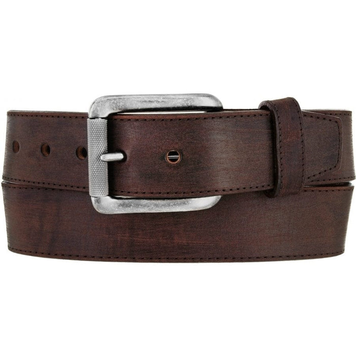 Brighton brown leather belt with silver-tone square buckle and stitched edge detailing on a white background