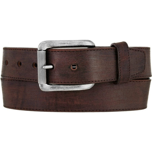 Brighton brown leather belt with silver-tone square buckle and stitched edge detailing on a white background
