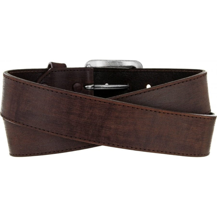 Brighton brown leather belt with stitched edges and silver-tone buckle, coiled to display, on a white background