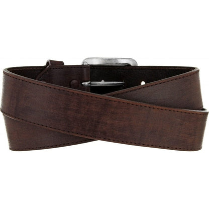 Brighton brown leather belt with stitched edges and silver-tone buckle, coiled to display, on a white background