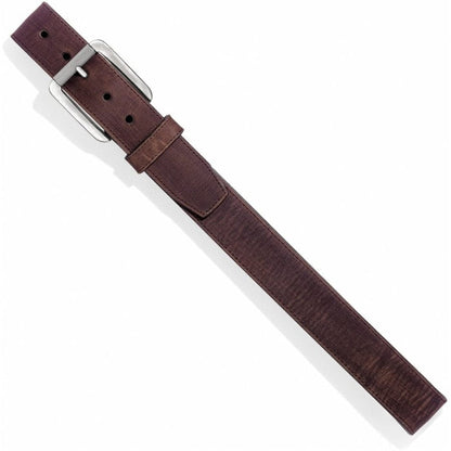 Brighton brown leather belt with silver-tone rectangular buckle and single prong on a white background