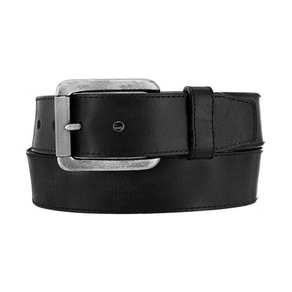 Brighton black leather belt with silver-tone rectangular roller buckle and single keeper loop on a white background