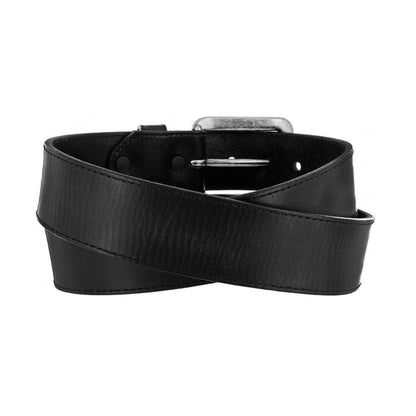 Brighton black leather belt coiled with silver-tone buckle and stitched edge detailing on a white background