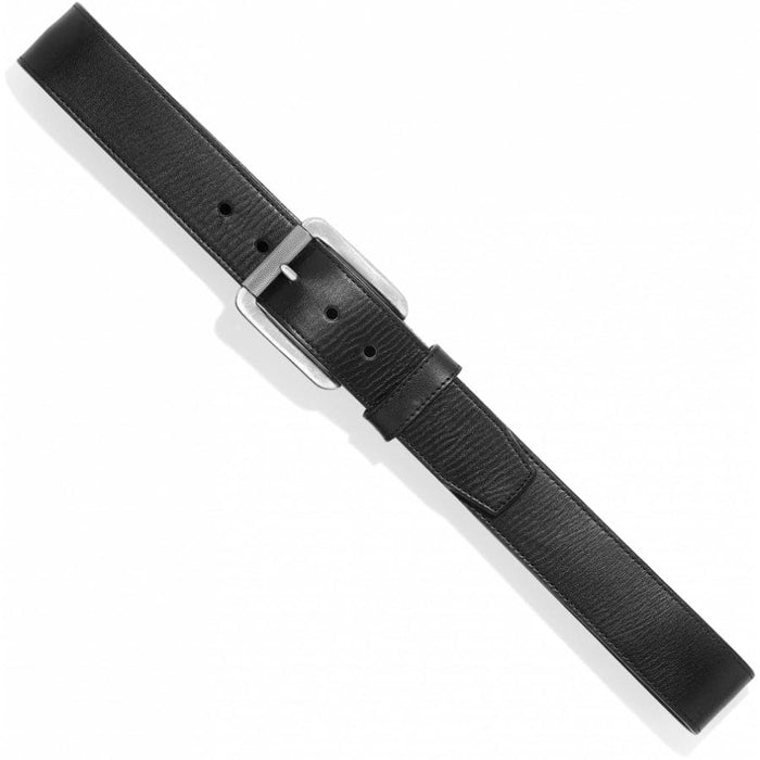 Brighton black leather belt with silver-tone rectangular buckle and textured keeper loop on a white background