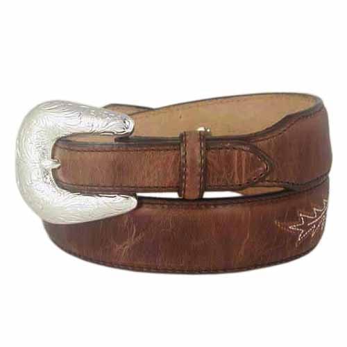 Brighton brown leather belt with engraved silver-tone buckle and subtle stitched accent detailing on a white background