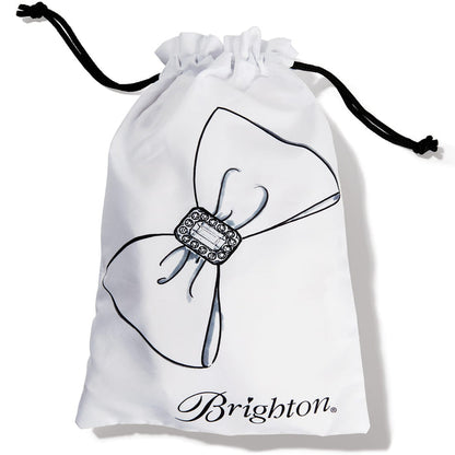 Brighton white drawstring pouch with illustrated bow and crystal buckle print and black cords on a white background