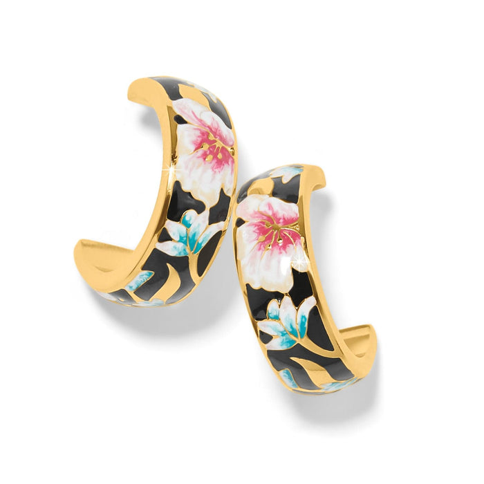 Brighton hoop earrings with gold-plated finish and black enamel featuring pink and white floral design on a white background
