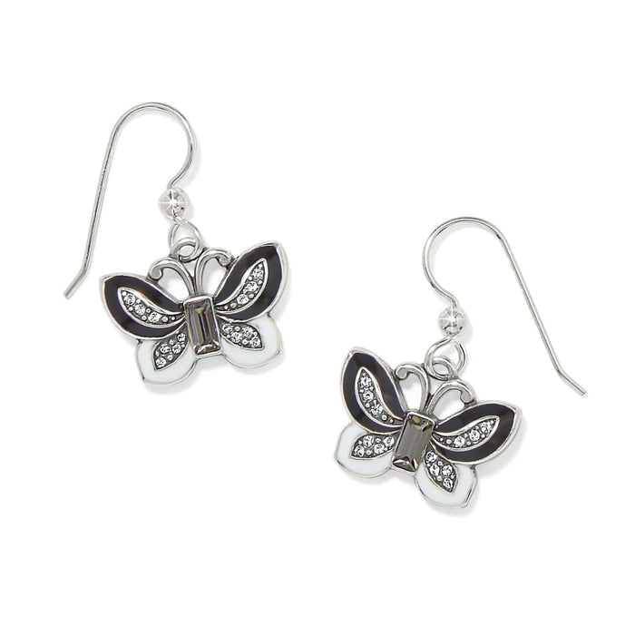 Brighton butterfly drop earrings with black and white enamel wings, crystal accents, and silver-plated hooks on a white background