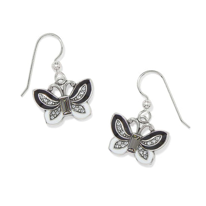 Brighton butterfly drop earrings with black and white enamel wings, crystal accents, and silver-plated hooks on a white background