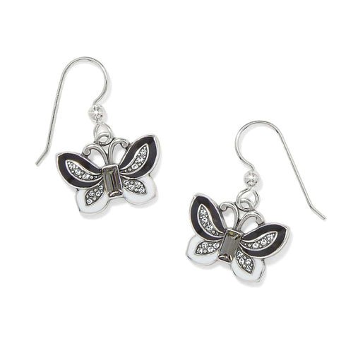 Brighton butterfly drop earrings with black and white enamel wings, crystal accents, and silver-plated hooks on a white background