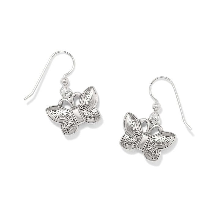 Brighton drop earrings with silver-plated butterfly charms featuring engraved wing details and French hooks on a white background