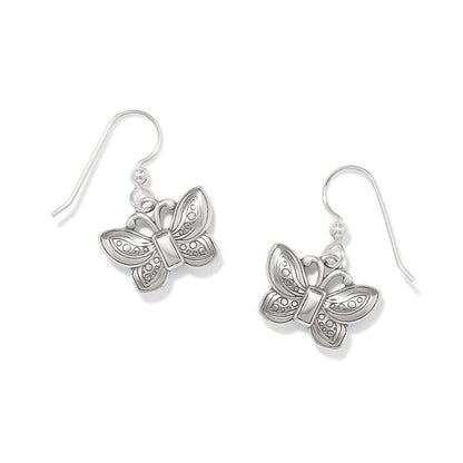 Brighton drop earrings with silver-plated butterfly charms featuring engraved wing details and French hooks on a white background