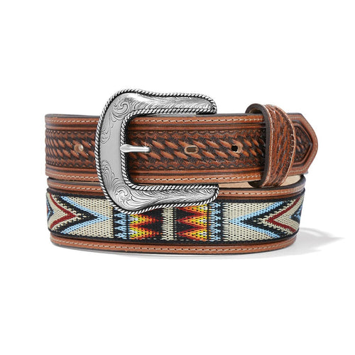 Brighton leather belt with tooled basketweave pattern, southwestern woven inlay, and engraved silver-tone buckle on a white background