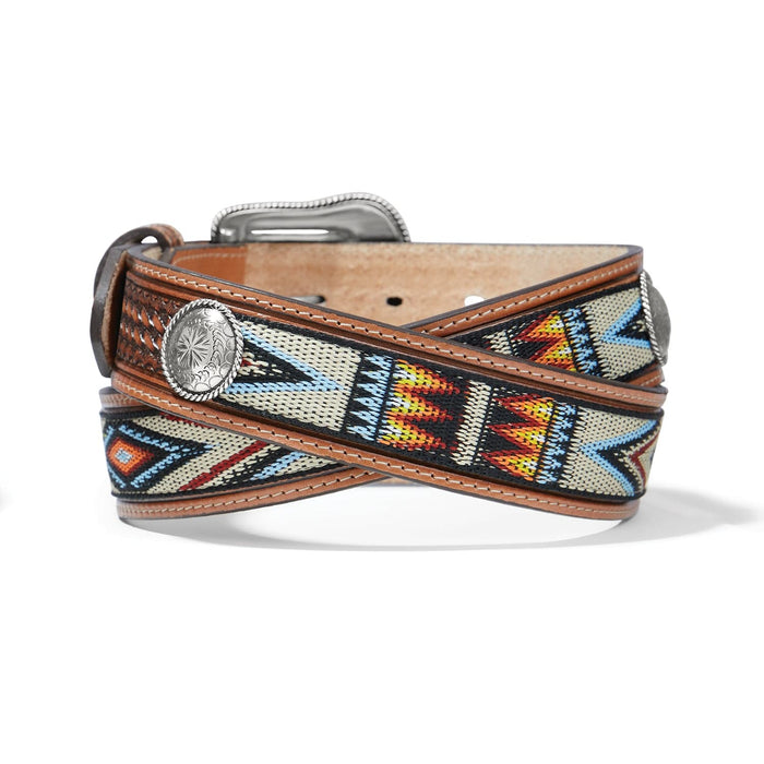 Brighton leather belt with Aztec-inspired woven pattern, silver-tone conchos, and engraved buckle on a white background