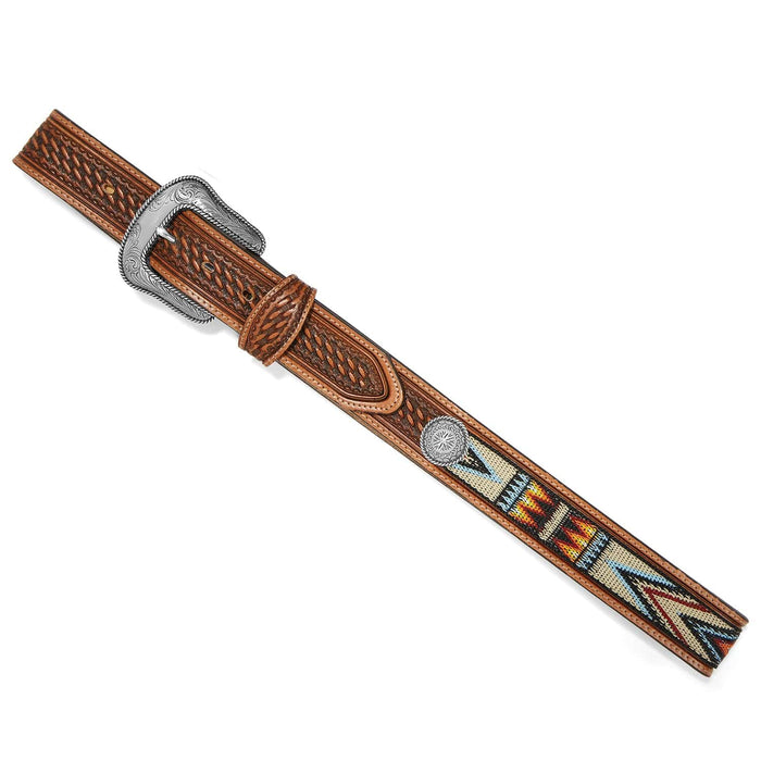 Brighton tooled leather belt with basketweave pattern, woven aztec inlay, silver-tone concho, and engraved buckle on a white background