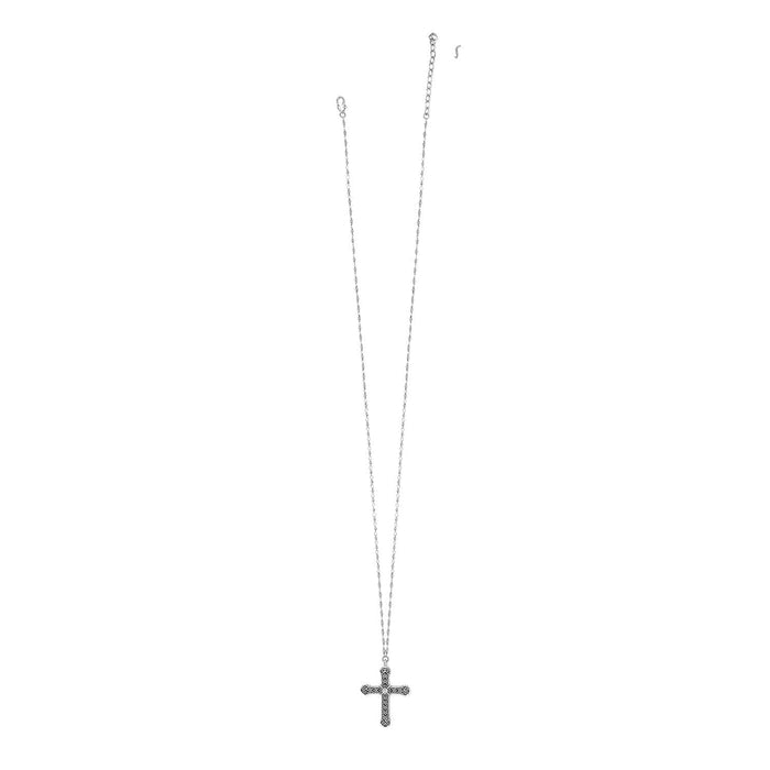 Brighton cross pendant necklace with silver-plated chain and ornate scrollwork cross with crystal accents on a white background