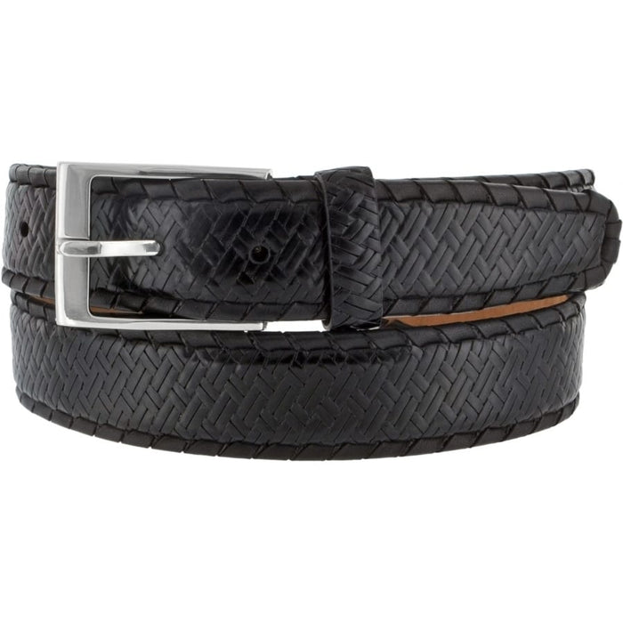 Brighton belt in black woven leather with silver-tone rectangular buckle and matching keeper loop on a white background