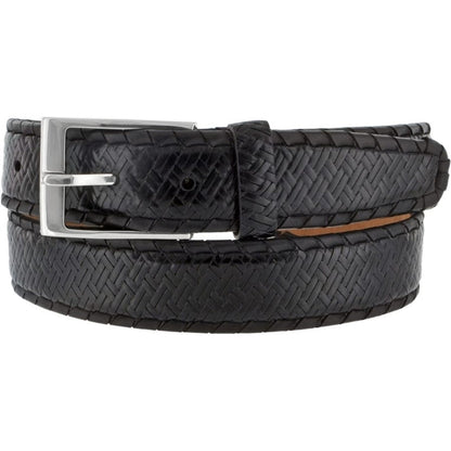 Brighton belt in black woven leather with silver-tone rectangular buckle and matching keeper loop on a white background