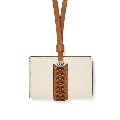 Brighton wallet in cream leather with brown braided leather strap and silver-tone scroll accent on a white background