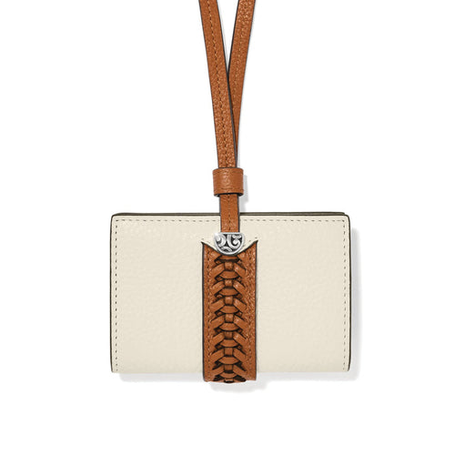Brighton wallet in cream leather with brown braided leather strap and silver-tone scroll accent on a white background