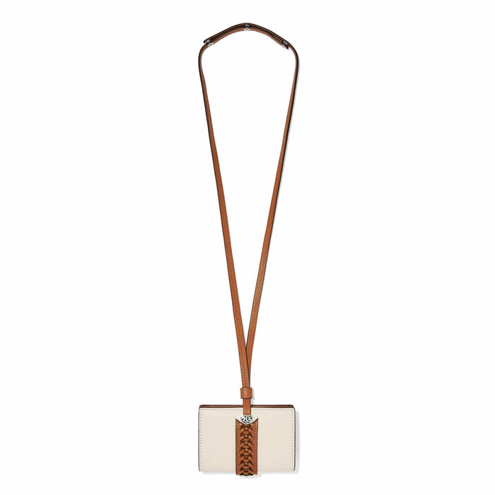 Brighton cream wallet with woven tan leather accent and long crossbody strap on a white background