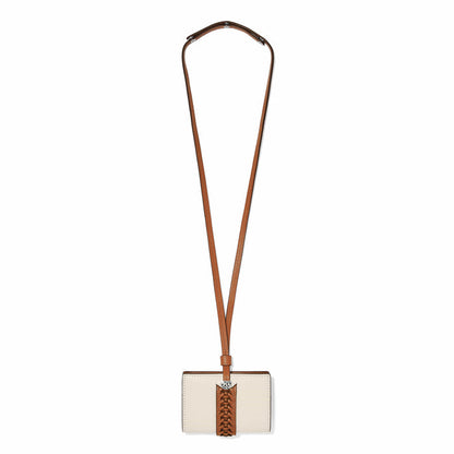 Brighton cream wallet with woven tan leather accent and long crossbody strap on a white background