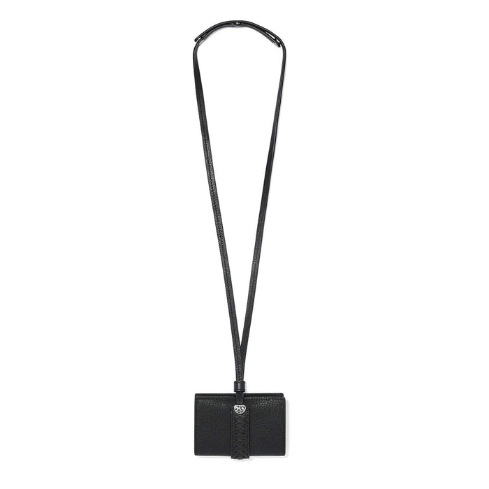 Brighton black leather wallet with braided detail and silver-tone logo accent on long crossbody strap on a white background