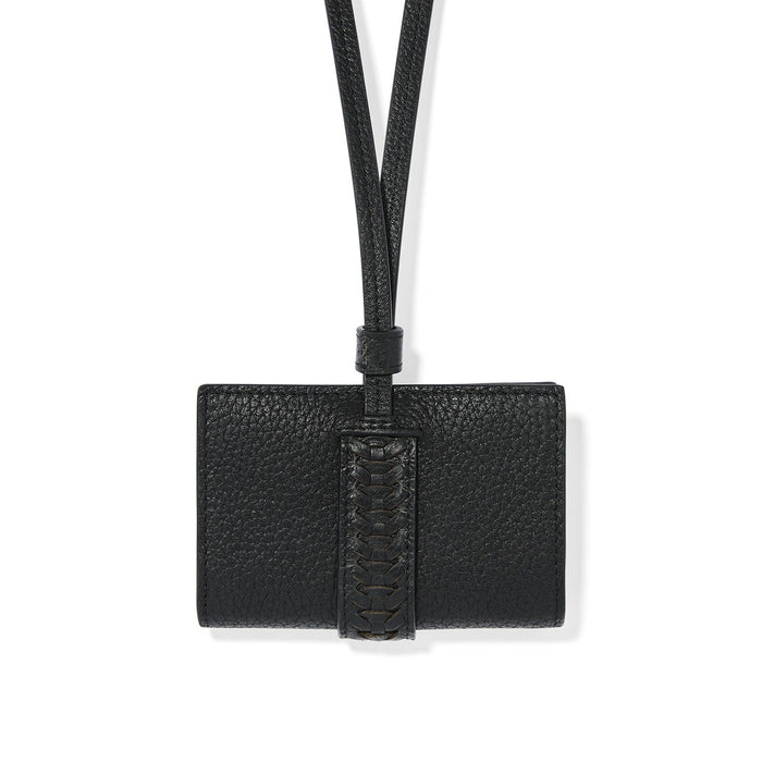 Brighton black pebbled leather wallet with braided strap detail and long shoulder cord on a white background