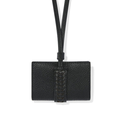 Brighton black pebbled leather wallet with braided strap detail and long shoulder cord on a white background